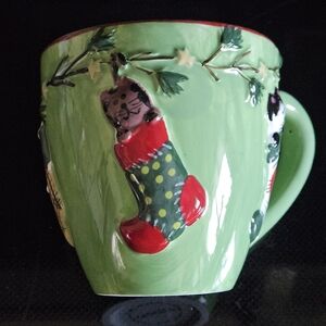 Oneida Festive Green Mug with Cat and Stocking Design